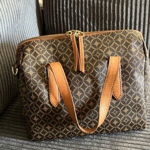 Fossil Sydney Brown Heritage Logo PVC Leather Trim Satchel